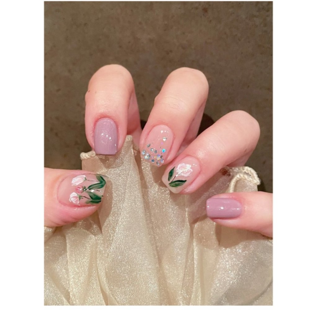 3/30 24pcs Flower Print Fake Nail & 1sheet Tape & 1pc Nail File
